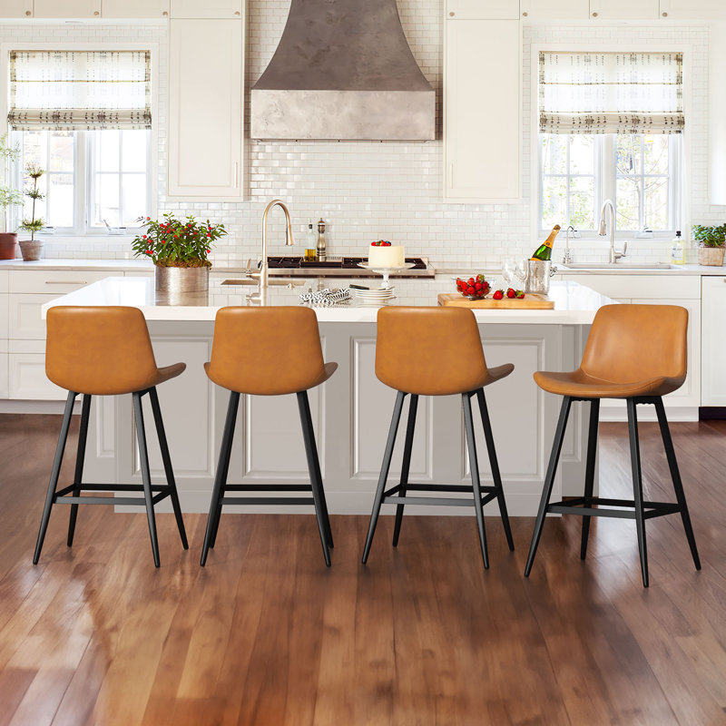 Whiskey Brown Faux Leather Counter Stools with Metal Legs, Set of 4