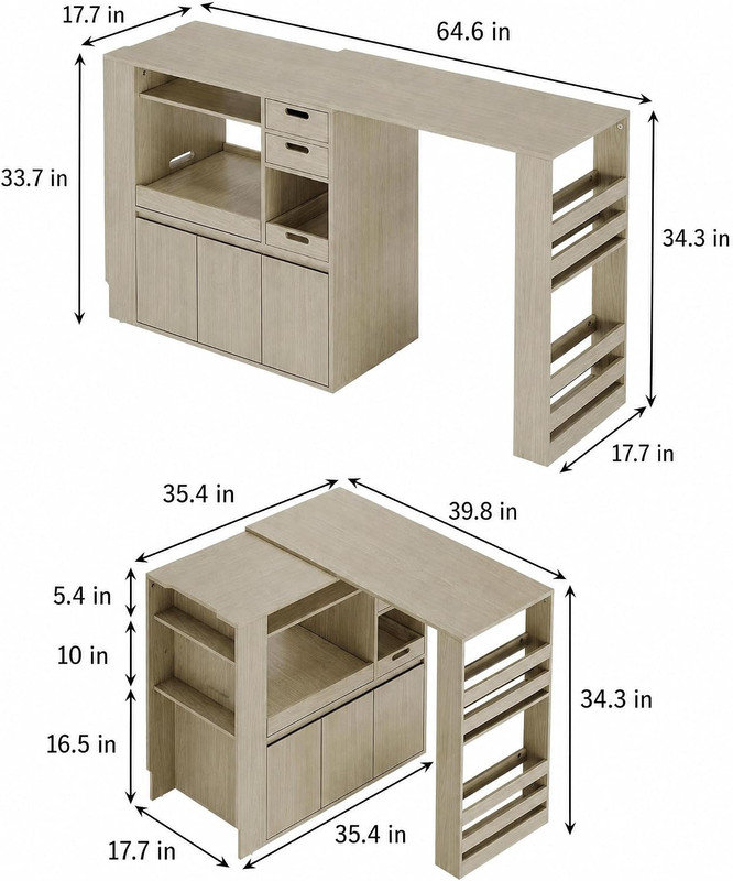 Comptoir de cuisine extensible et support à micro-ondes de 99 à 170 cm, table pour îlot à grain de bois avec rangement pour tiroir, séparateur de pièce pour le salon
