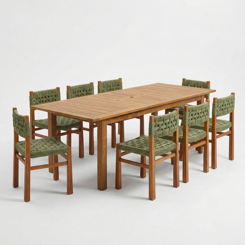 Hapeville Patio 8-Person Acacia Wood Dining Set With Wicker Weave & Expandable Table, Green Wicker/Teak, 8