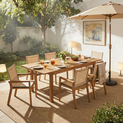 Ensemble de salle à manger d'extérieur en bois d'acacia 7 pièces, 6 grandes chaises et 1 grande table, durable et confortable pour divers espaces extérieurs