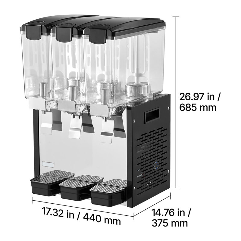 Distributeur de boissons professionnel à 3 réservoirs, capacité de 10 L par réservoir, machine à jus en acier inoxydable pour boissons froides, température de refroidissement réglable de 7 °C à 12 °C, idéal pour les restaurants, les bars et les fêtes.
