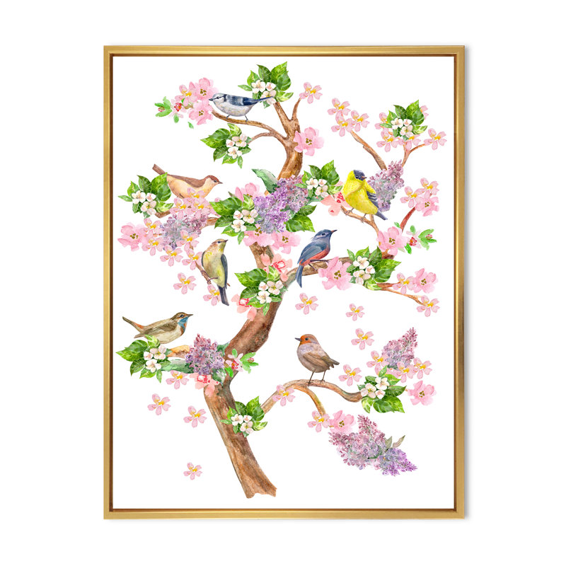 Arbre avec des oiseaux colorés sur des branches en fleurs - Impression sur toile, H 20 po x l 12 po x P 1po, Encadrement doré