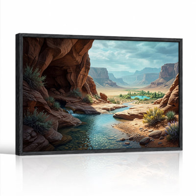 Red Rock Canyon Stream Flowing Into Blue Water Oasis Canvas Wall Art