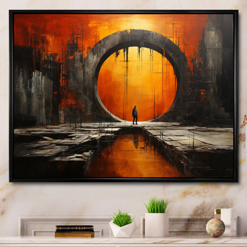 Orange Tunnel abstrait portail mixte II - art mural encadré Tunnels, H 12 po x l 20 po, Cadre flottant noir
