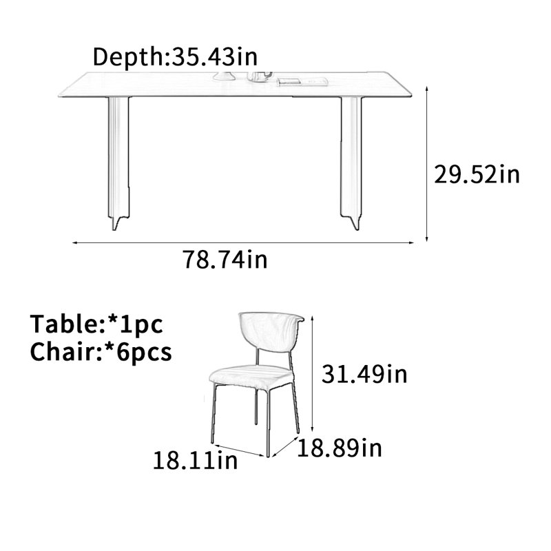 Table de salle à manger de style français rétro, H 29,52 po x L 78,74 po x l 35,43 po, 7