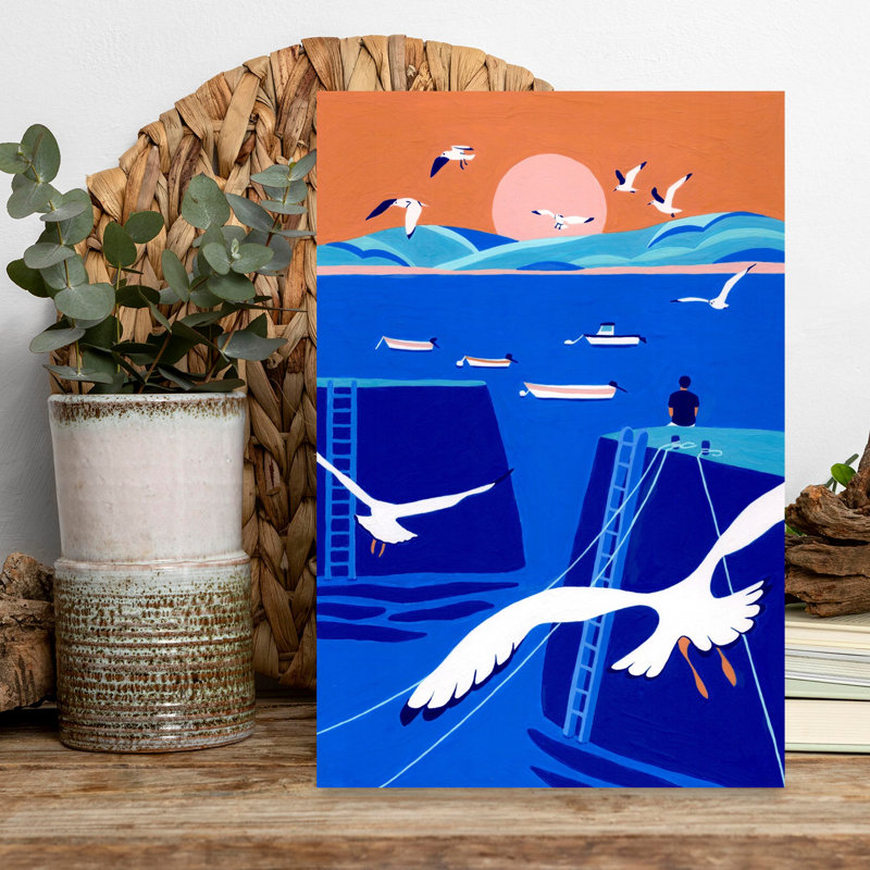 Contemporary Art Abstract Contemporary Seagull Bird Landscape Nature Wall Art by Julie Lesouef - Wrapped Canvas Print