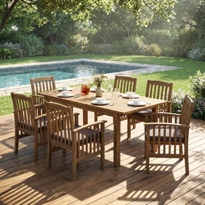 Ensemble de salle à manger d'extérieur en bois d'acacia 7 pièces 7 pièces, 6 grandes chaises et 1 grande table