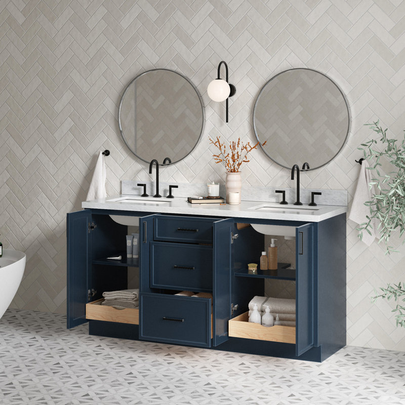 Ariel Kelly 67 Inch Double Rectangular Sink Bathroom Vanity With Italian Carrara Marble Countertop, Midnight Blue