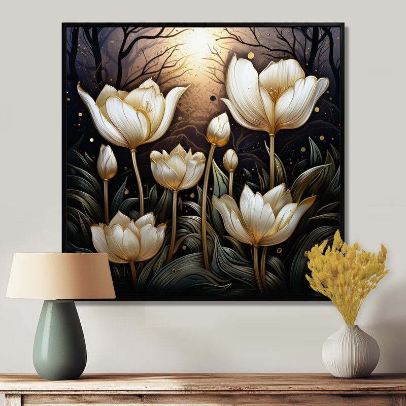 «Elegant Glam White Tulips In The Night», reproduction d'art murale fleur, H 16 po x l 16 po, Toile noire avec cadre flottant