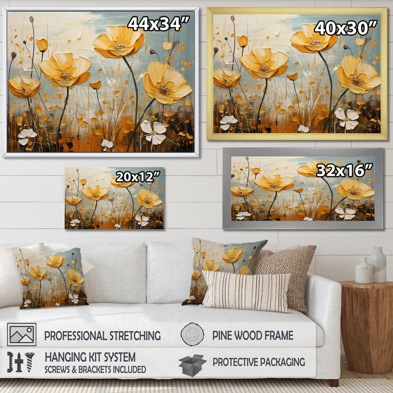«Yellow Grey Buttercups Golden Glow Patchwork», reproduction sur toile, H 34 po x l 44 po x P 1,5 po, Cadre flottant noir