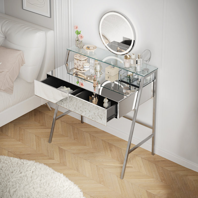 Makeup Vanity With Round Mirror, Mirror With Led Light, And Built-In Charging Station