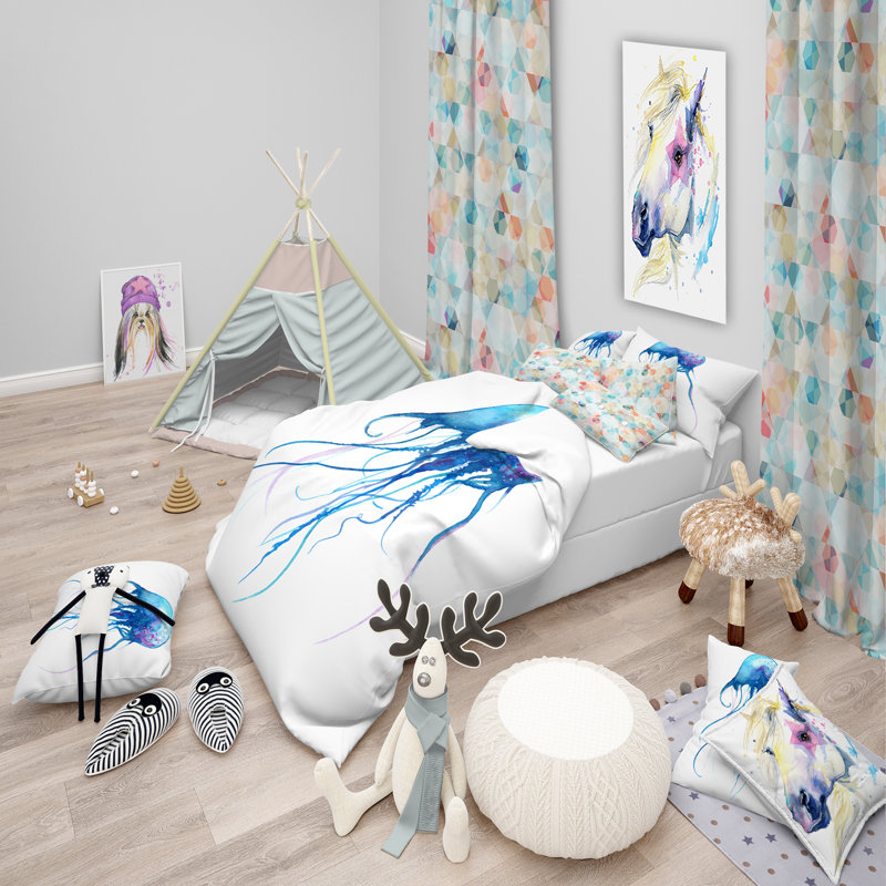 Twin White and Blue Jellyfish Microfiber Duvet Cover Set