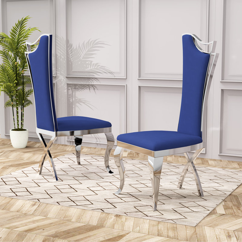 Kovanes Solid Back Upholstered Side Chair Dining Chair, Silver, Blue