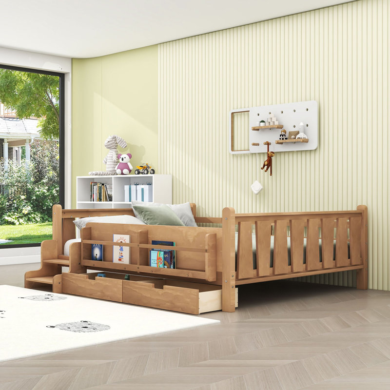 Floor Bed with Storage Bookcases and Drawers, Natural, Queen