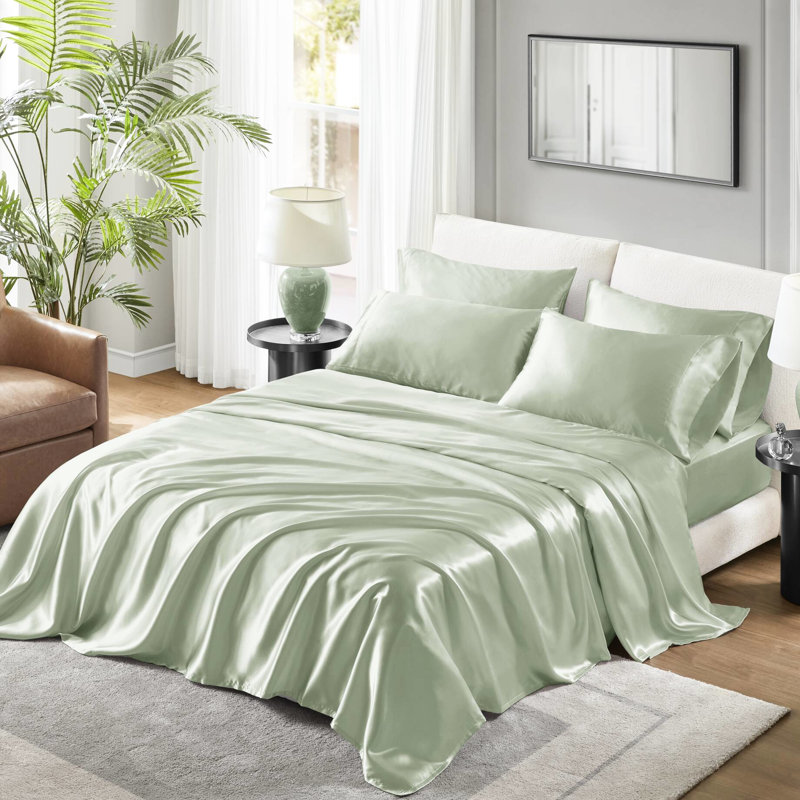 King Satin Luxury Bedding - Wrinkle- Feature. Suits Mattresses Up To 16". Contains 1 Flat Sheet, Fitted Sheet And 4 Pillowcases. Silky Serene. Materials. Sage Ensemble Wrinkle-. Fits Up 16"