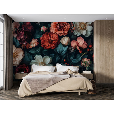 Dark Moody Floral Wallpaper With Flowers – Romantic Botanical Wall Mural For Living Room, Bedroom Or Sophisticated Home Accent