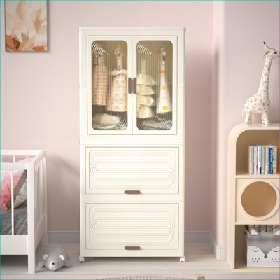 Storage Cabinets | 4-Cube Portable Wardrobe Closet Organizer, with Hanging Rod &amp; 10 Hangers, Magnetic Doors, Snow White, for Baby Clothing Storage | Minimalist | Bedroom