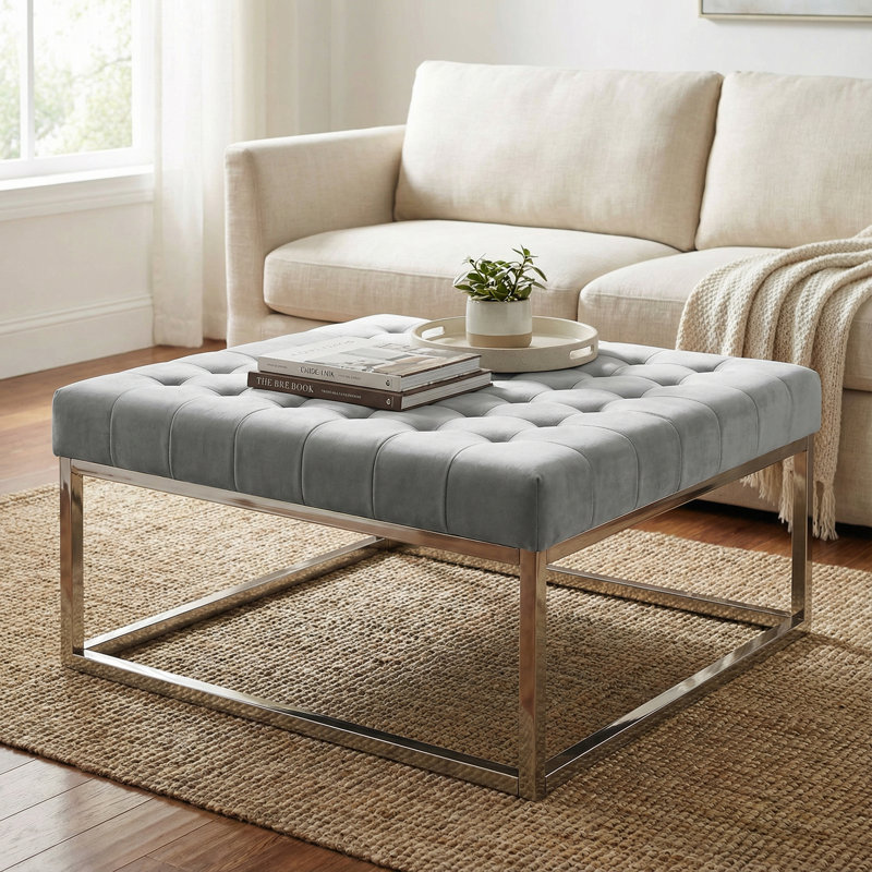 Kibwe Velvet Ottoman, Gray, Polished Chrome