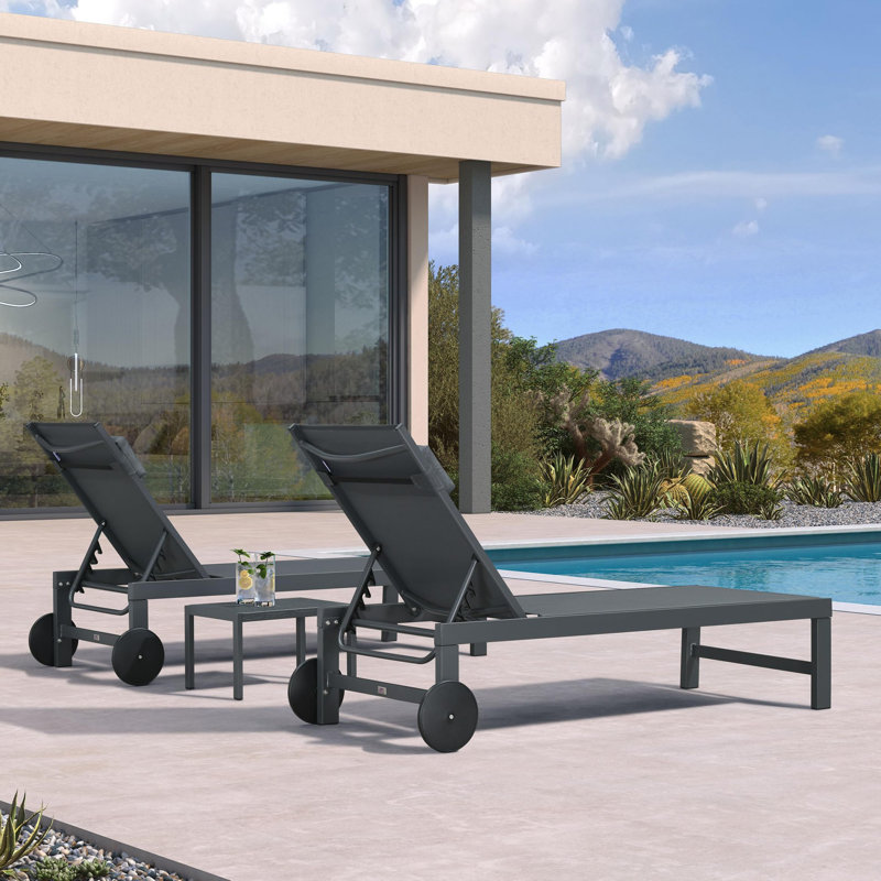 24.8" W Aluminum and Metal Reclining Outdoor Chaise Lounge Set with Wheels, Gray