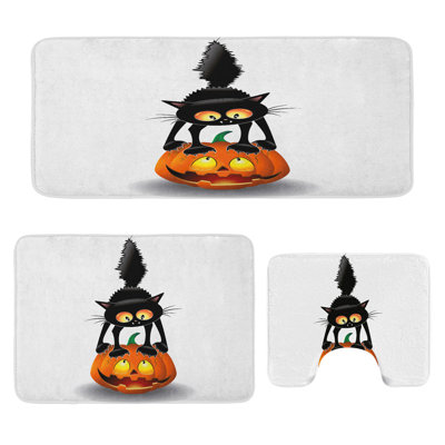  Cat Bathroom Rug Set 3 Pieces U-Shape & Rectangle Mats Orange Black