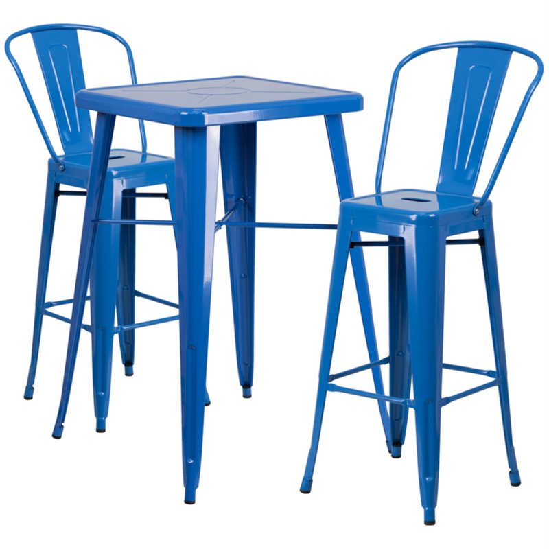 Toquerville Square Metal Indoor-Outdoor Bar Table Set with 2 Stools with Backs, Blue