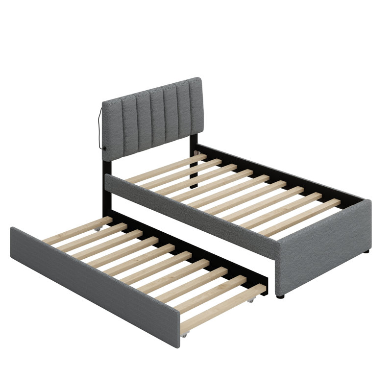 Lit plateforme tapissier avec lit gigogne, Gris