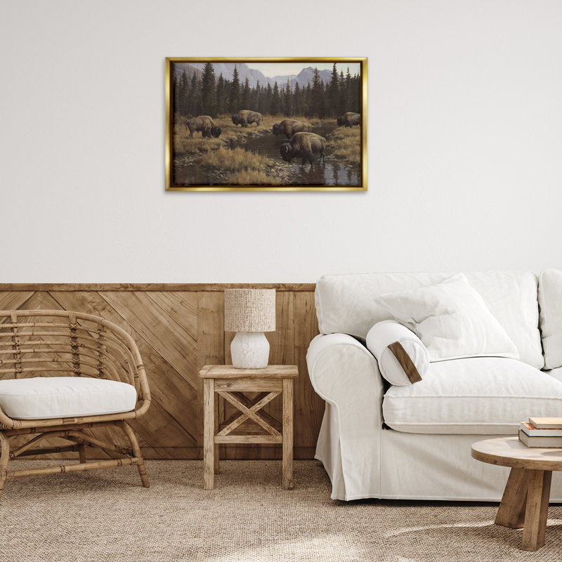 «Wild Bison Grazing at Stream», art mural sur toile flottant gris, design par Paco Young, H 21 po x l 31 po