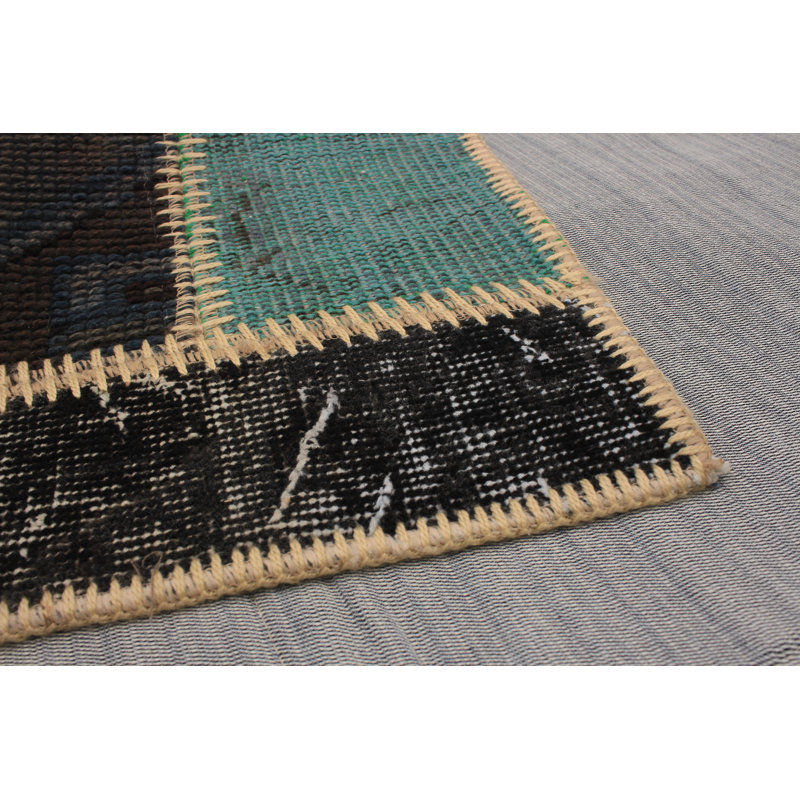 Tapis décoratif en laine de conception unique noué à la main New Age 5 pi 8 po x 7 pi 9 po Berlene en gris clair/bleu sarcelle/rouge