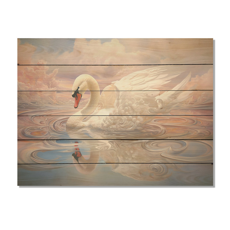 «Graceful Mirage Sawn Clouds I», art sur bois de cygnes sur bois de pin naturel, H 10 po x l 20 po