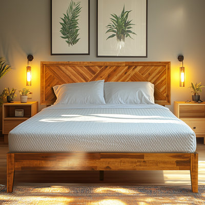 Cadre de lit Sierra en bois massif avec tête de lit ajustable / Lit plateforme à motif artisanal