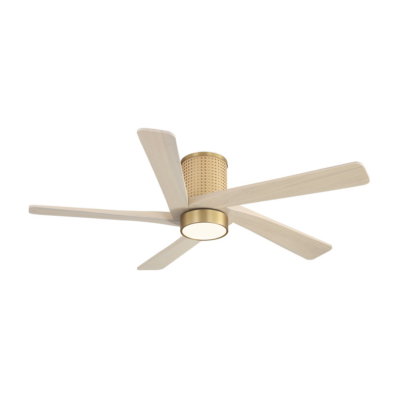  5 Solid Wood Blades Flush Mount Ceiling Fan Woven Rattan Cover DC Motor With Remote Light, 48" Wide, Wood Wax/NAB Gold