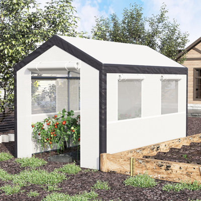 Serre pour jardin extérieur 10 pi x 7 pi, maison chaleureuse avec housse de protection contre les intempéries, 4 fenêtres et 2 portes à fermeture à glissière, jardin blanc 7 pi, portes et fenêtres