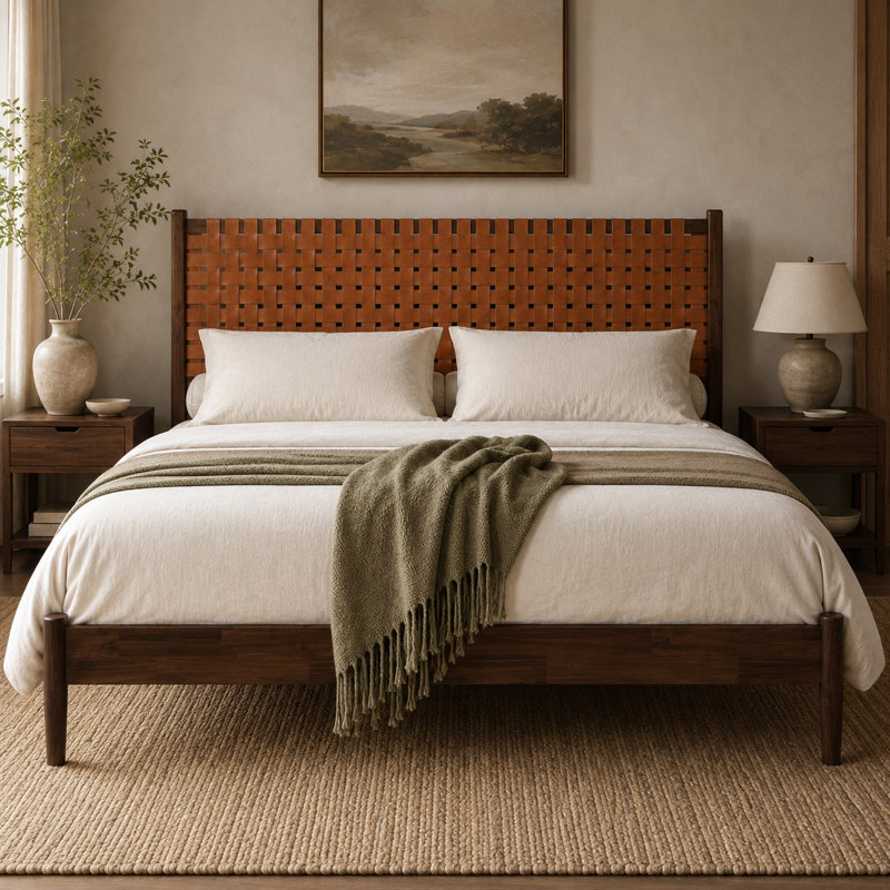 Base de lit grand lit Mid-Century en bois d'acacia massif avec tête de lit en cuir végétalien tissé à la main et pieds fuselés, support de 800 lb