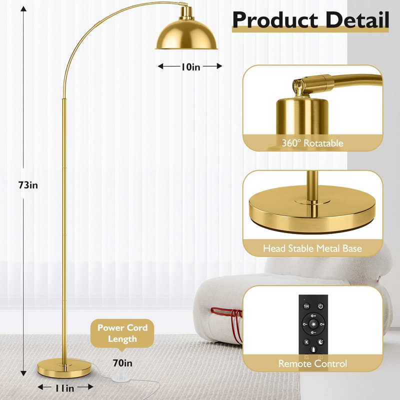 Arc Floor Lamp With Hanging Shade, Dimmable Reading Light For Living Room, Bedroom, Office, Gold