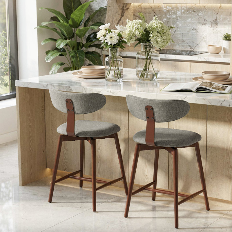 Tabouret de bar pivotant rembourré en mélange de coton avec dossier incurvé, Gris clair