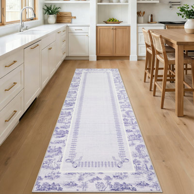 Tapis Toile de Jouy lavable à la machine – Tapis à motif champêtre français, ultra doux, antidérapant et ne peluche pas
