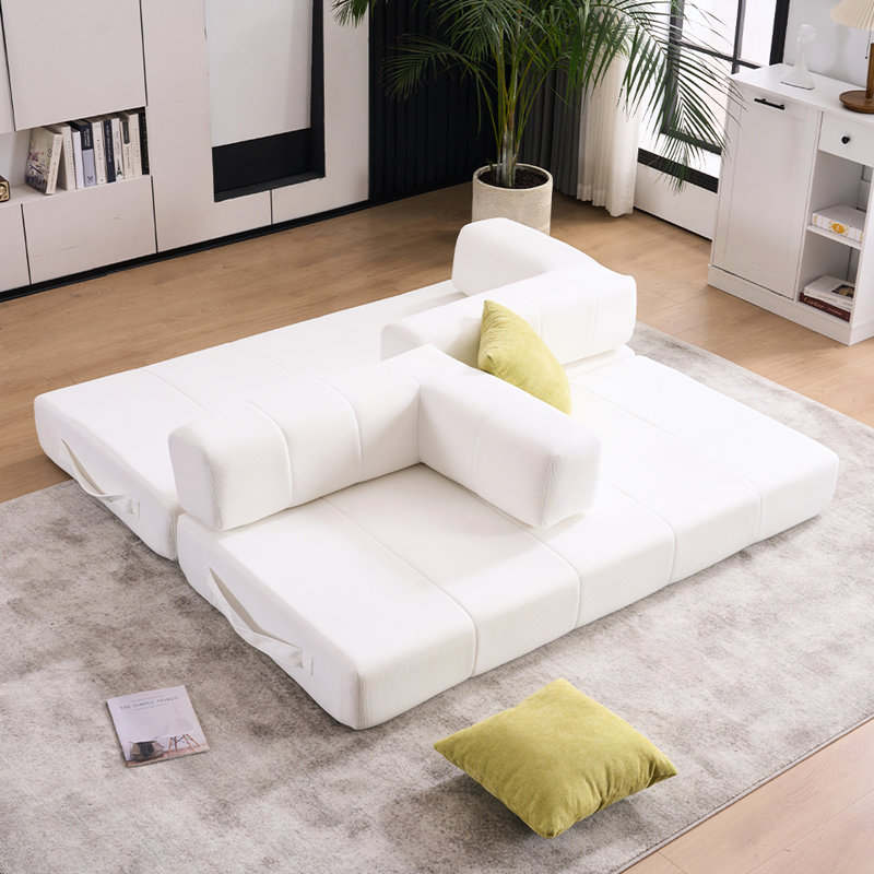 78.5" Folding Bed, Convertible Couch Bed With 2 Pillows, Foam Spring Floor Mattress, Futon For Office And Living Room, Beige Corduroy 3 - Seater, No Assembly Required Couch, Mattress Office, Needed