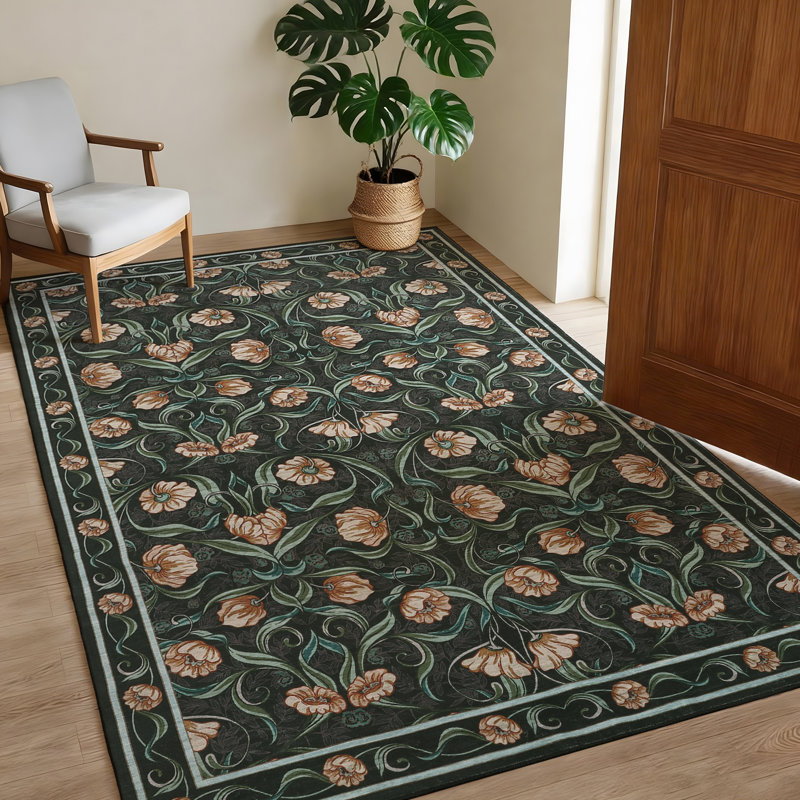 Area Rug 5x7, Floral Modern Washable Rugs, Non-Slip Low-Pile Soft Floor Carpet for Bedroom, Living Room, Dining Room, Black