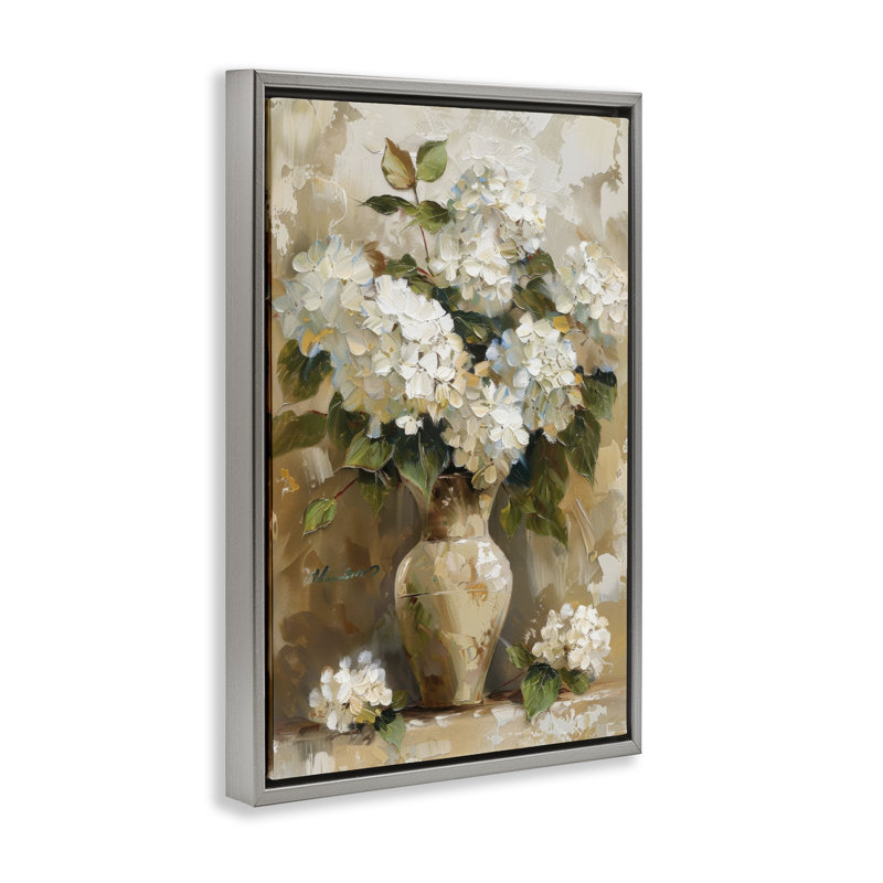  Vintage White Hydrangeas Canvas by LSR Design Studio, Cadre flottant gris lustré, H 31 po x l 21 po