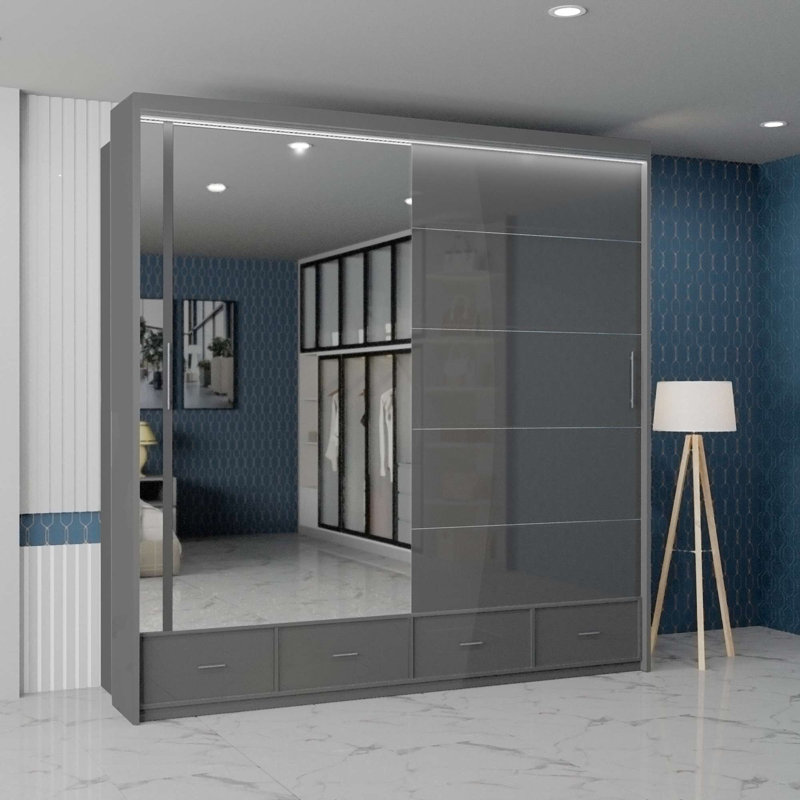 Desilets 2 Door Manufactured Wood Wardrobe, Grey, 220 cm H x 208 cm W x 66 cm D