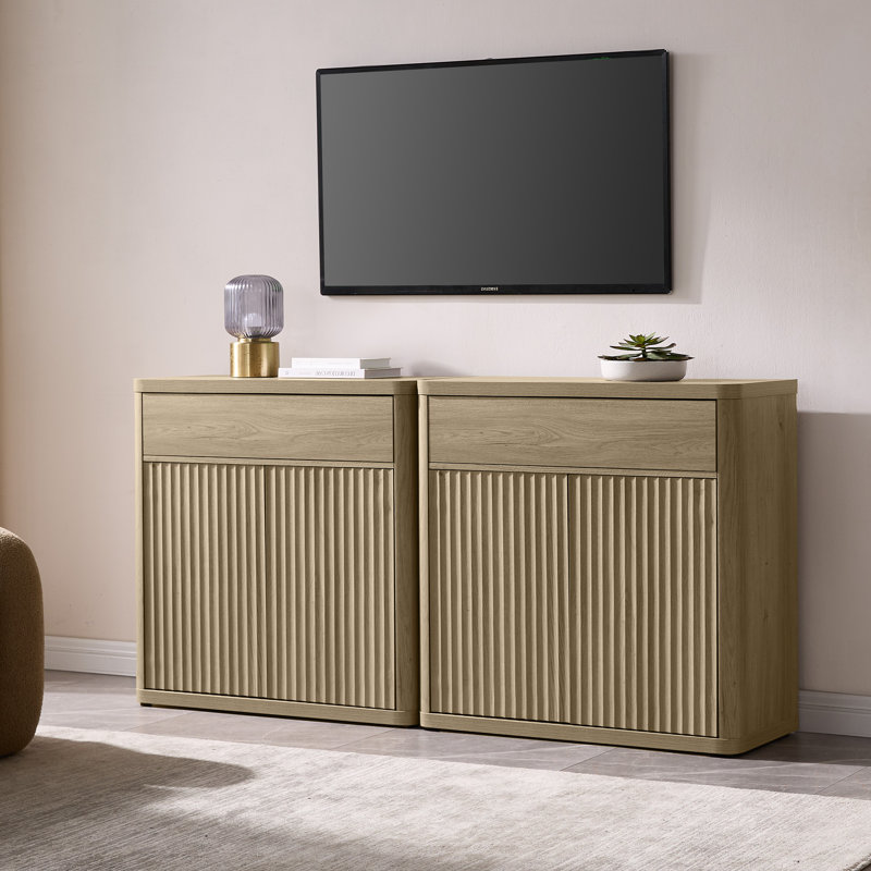 Buffet de rangement de 34,6 po de largeur avec tiroir et armoire à hauteur réglable Cesiro, Chêne naturel, 2