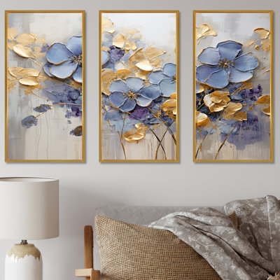 Blue And Gold Exquisit Violets I - Violets Wall Art Print Set