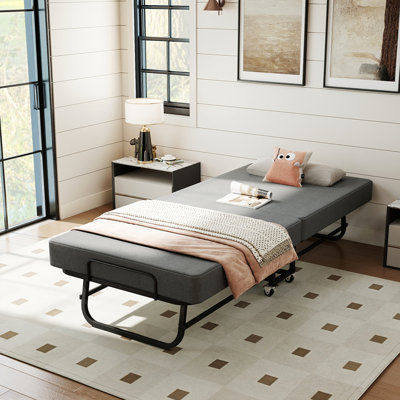 75" Folding Bed with Memory Foam Mattress, 4 Lockable Wheels Portable & Space Saving, Reinforced Steel Frame Quietly Supports 450 lbs, Folds Upright – Essential for Small Apartments & Guest Rooms