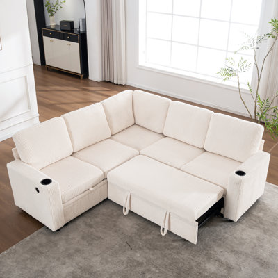 Canapé-lit modulaire modulaire avec lit escamotable, rangement intégré, ports USB, porte-gobelets et méridienne réversible pour des espaces de vie polyvalents.