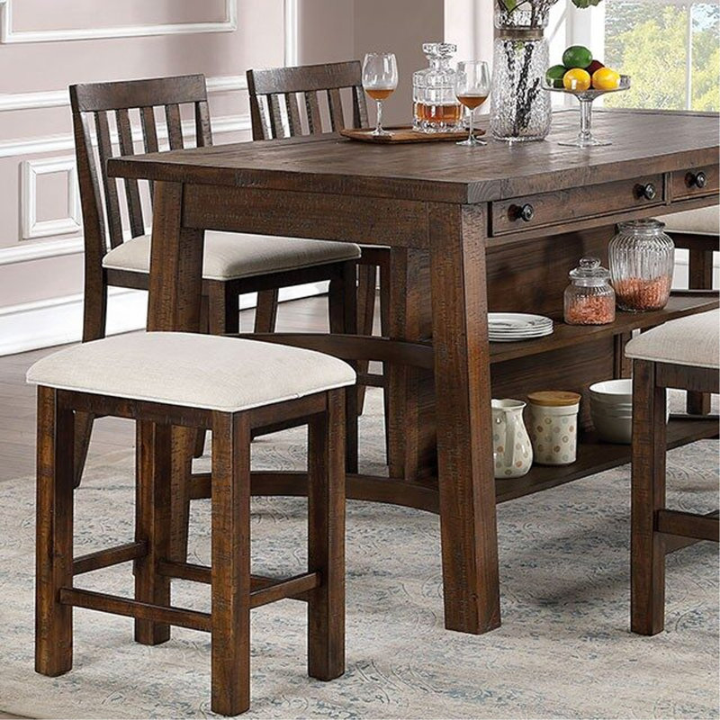 Set Of 2Pcs Counter Height Stools Dining Room Furniture Rustic Oak / Beige Fabric Cushion W/ Welt Slat Back Kitchen Breakfast