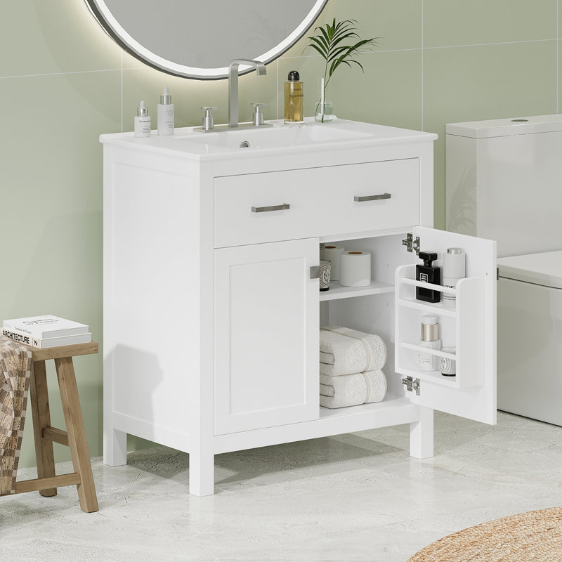 Meuble-lavabo simple avec lavabo en céramique, Blanc, Chrome