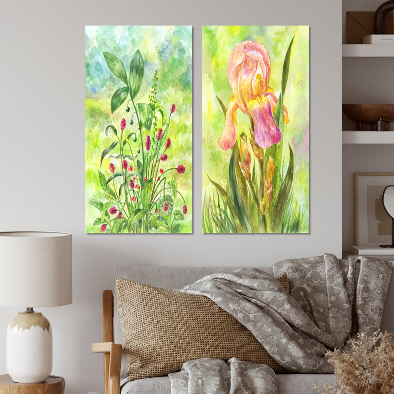 «Green Field with Red Blossoming Bush», ensemble de 2 peintures sur toiles, Toile tendue, H 20 po x l 24 po x P 1 po