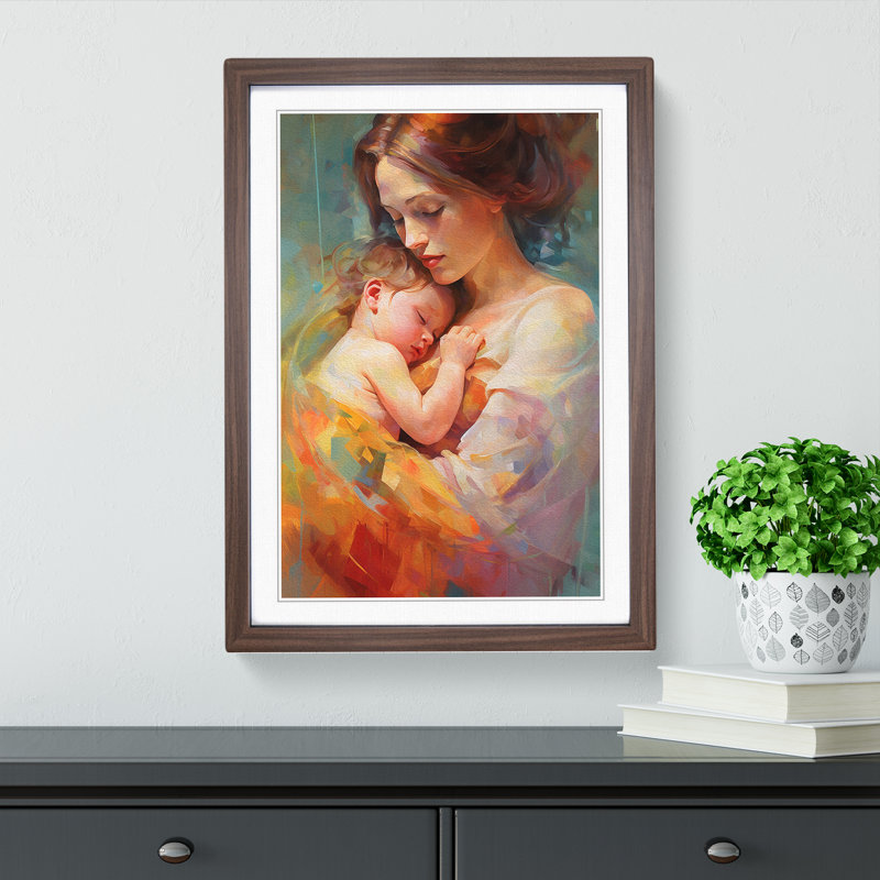 XYZ-FRM-V1223-4560 Mother And Baby Contemporary - Single Picture Frame Print on Wood, 46cm H x 34cm W x 2cm D, Walnut 