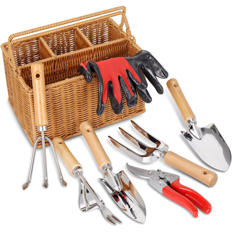 Gardening Hand Tools With Basket – Garden Tool Set With Pruning Shears Cultivator Gloves – Heavy-Duty Stainless Steel Gardening Tools With Wood Handle – Gardening Gifts