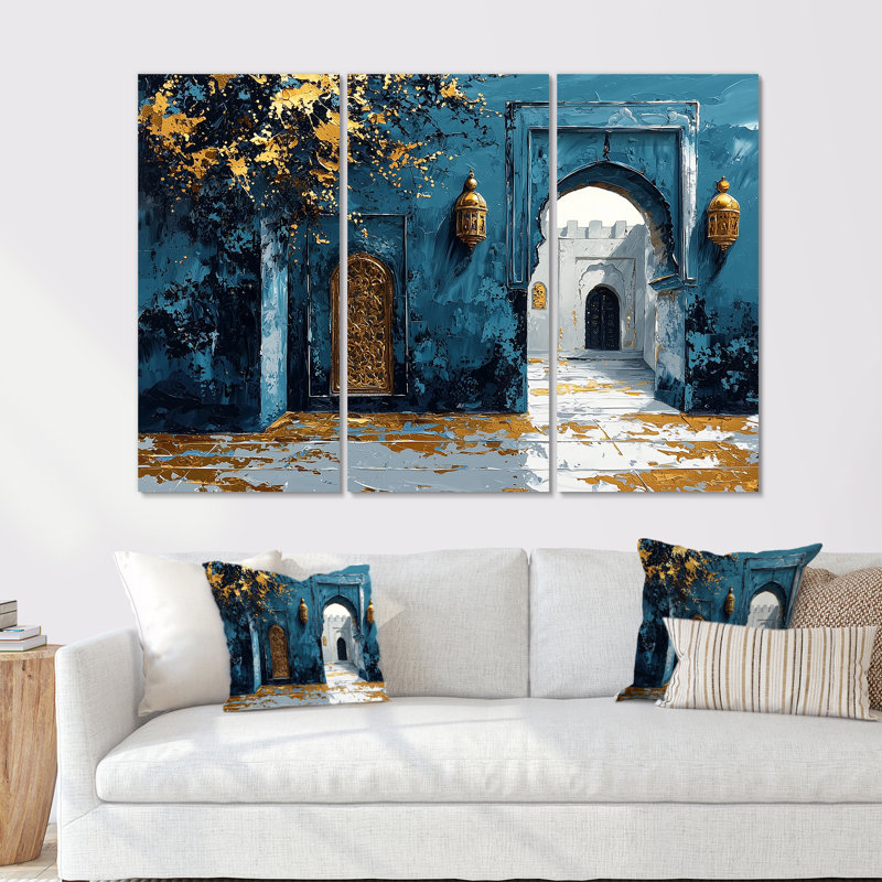 Porte marocaine marocaine bleue et dorée Rabat, ensemble de décoration murale, Toile tendue, H 40 po x l 60 po x P 1 po